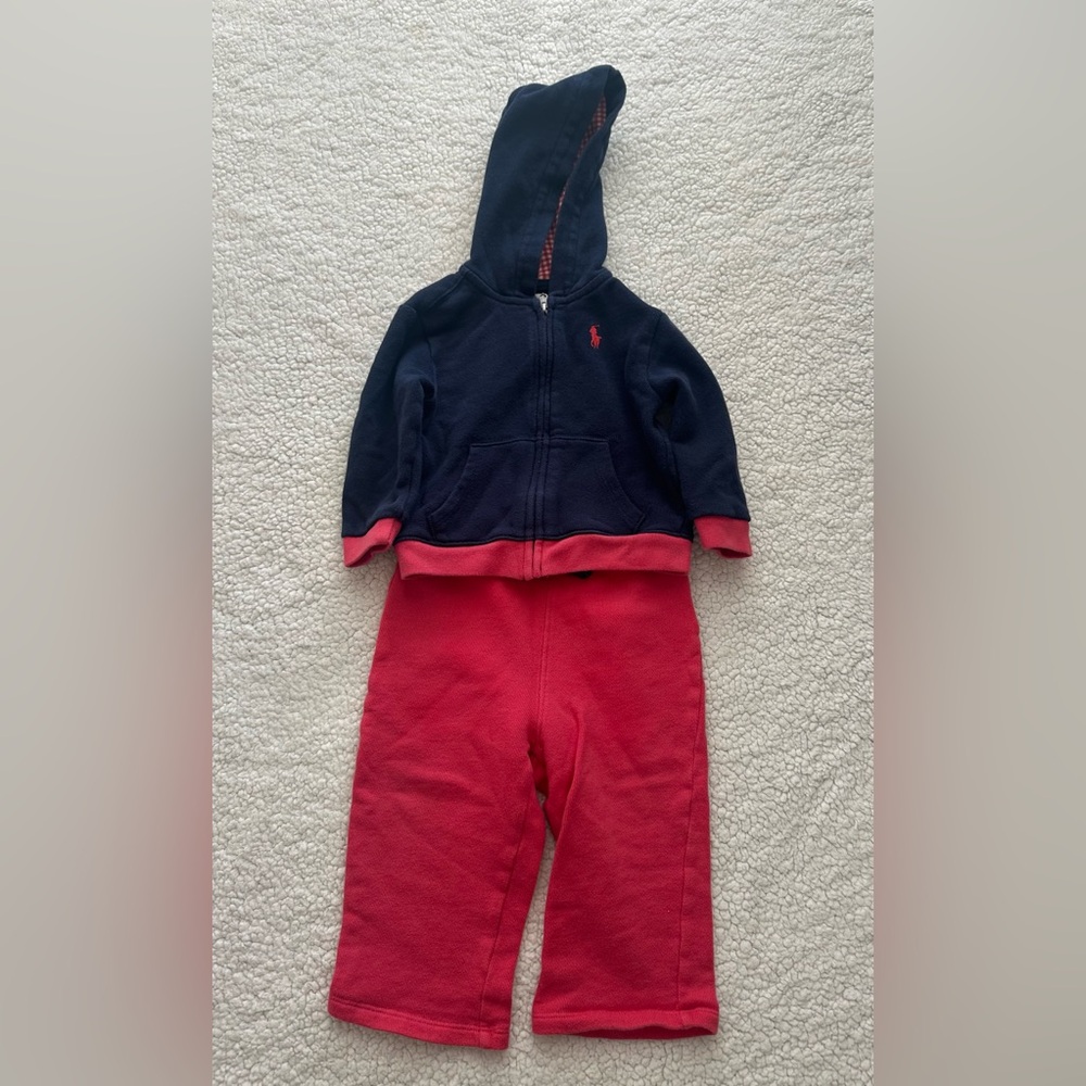 Polo Ralph Lauren Baby Blue & Red Track 2 Piece Suit Fleece Jogger Set Size 12M